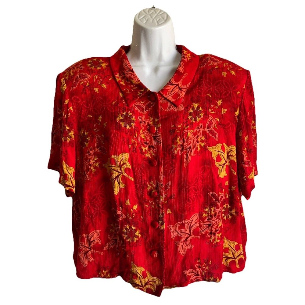 Miss Dorby Vintage Open Back Button Down Blouse Tropical Hawaiian Floral Sz 18P